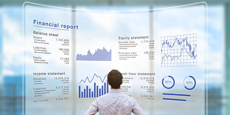 Businessman analyzing financial report data company operations, balance sheet, fintech
